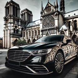 DALL·E 2024-09-30 09.40.31 - A sleek black luxury car parked outside the Notre-Dame Cathedral in Paris. The cathedral's iconic architecture is visible in the background, with its