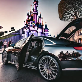 DALL·E 2024-09-30 09.42.08 - A sleek black luxury car parked in front of the Disneyland Paris entrance, with the iconic Sleeping Beauty Castle visible in the background. The car's