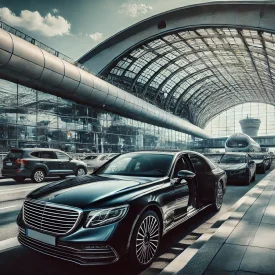 DALL·E 2024-09-30 09.43.59 - A sleek black luxury car parked in front of Charles de Gaulle Airport in Paris. The modern architecture of the airport, with its large glass windows a